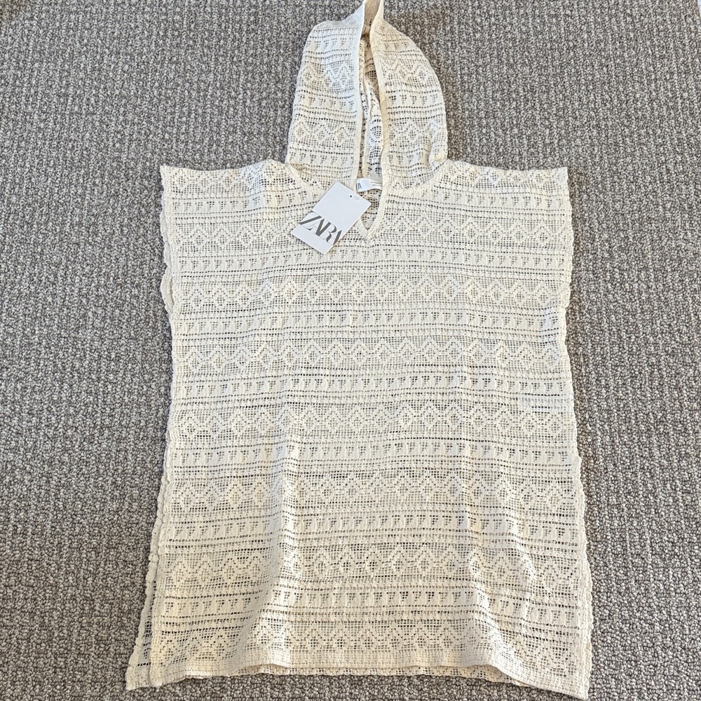 Zara Kids Summer Beach oversized Hoodie Cover Up Top Ivory Lace Crochet 6-9